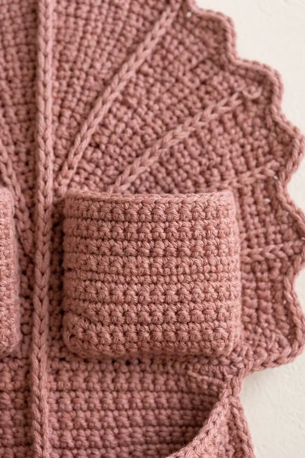 Close-up of dusty rose crochet showing detailed stitchwork texture and scalloped edge against a neutral background.