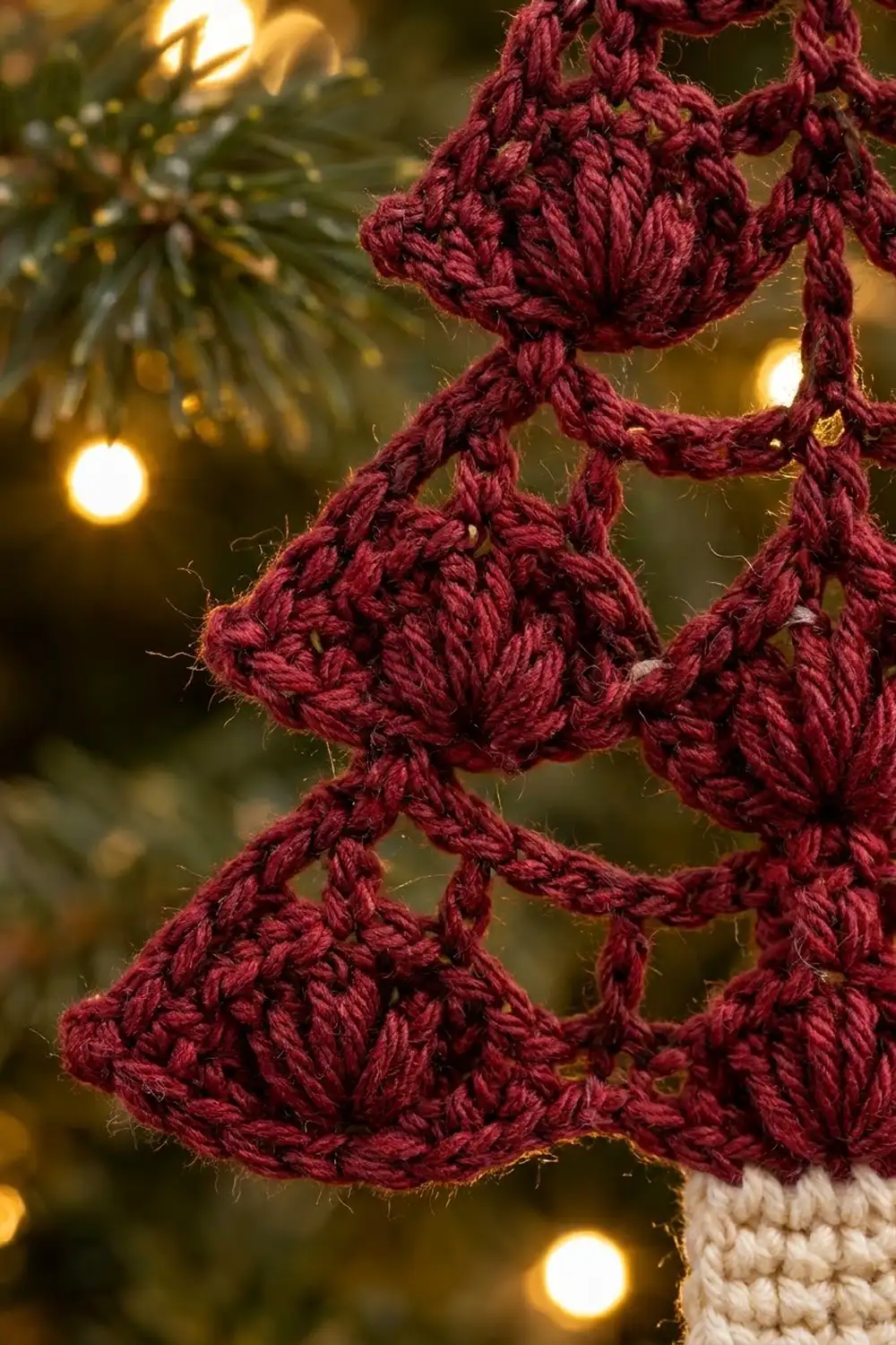 Close-up of burgundy crocheted stitches with warm bokeh lights and blurred evergreen background.