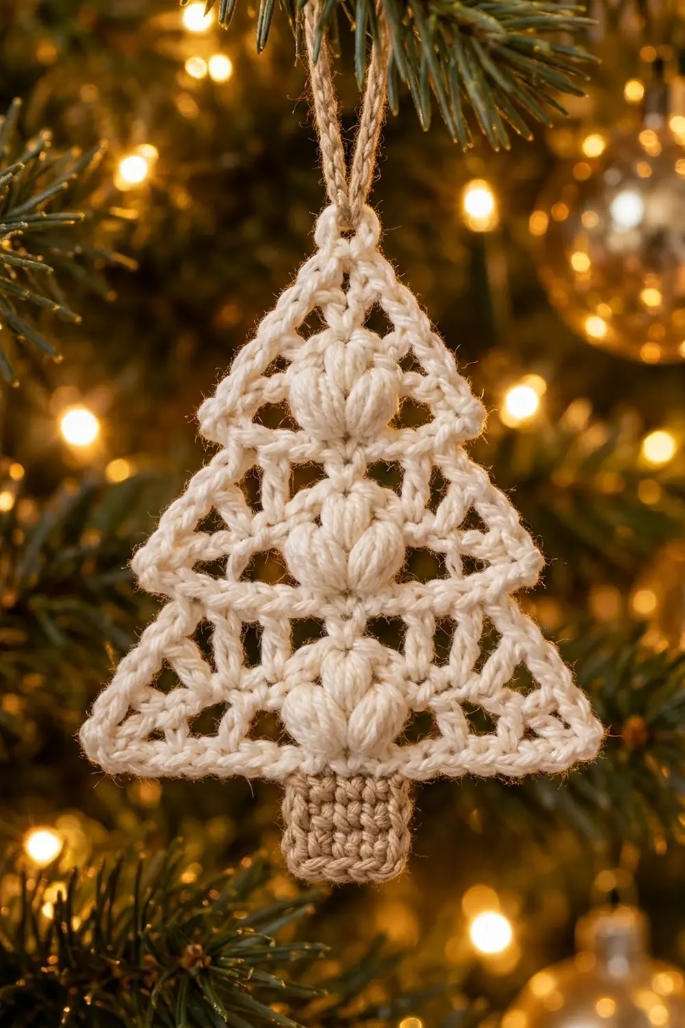 White crocheted Christmas tree ornament with openwork lace detail, suspended against warm golden bokeh lights and evergreen branches.