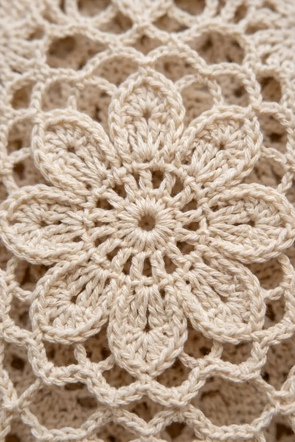 Cream-colored crocheted lace displaying an ornate six-petal flower surrounded by delicate openwork pattern.