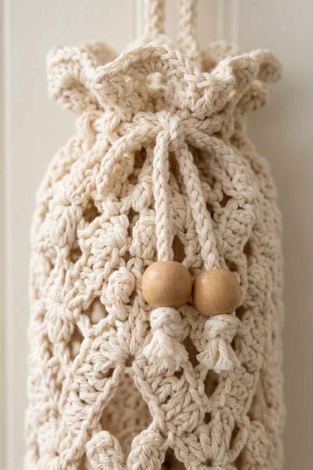 Cream crocheted bag detail showing tan wooden toggle beads on braided drawstring with intricate netted texture.