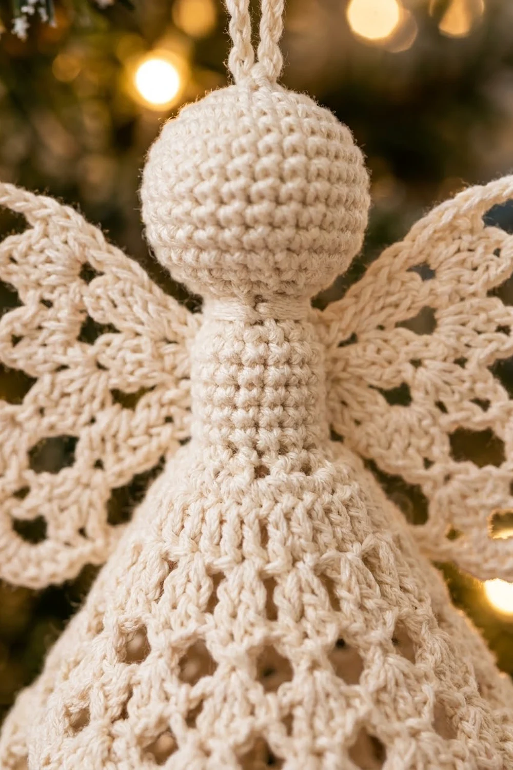 Close-up of a cream crocheted angel ornament with open-lace wings and dress against golden bokeh lights.