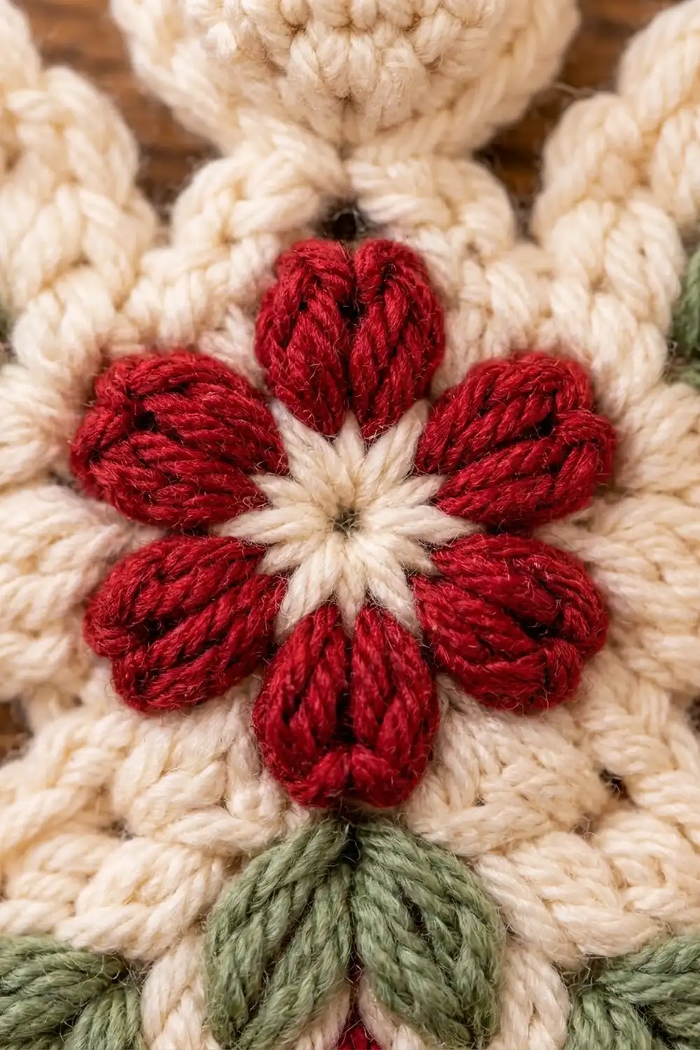 Close-up of a crocheted red flower with textured petals and green stem on a cream-colored crocheted background.