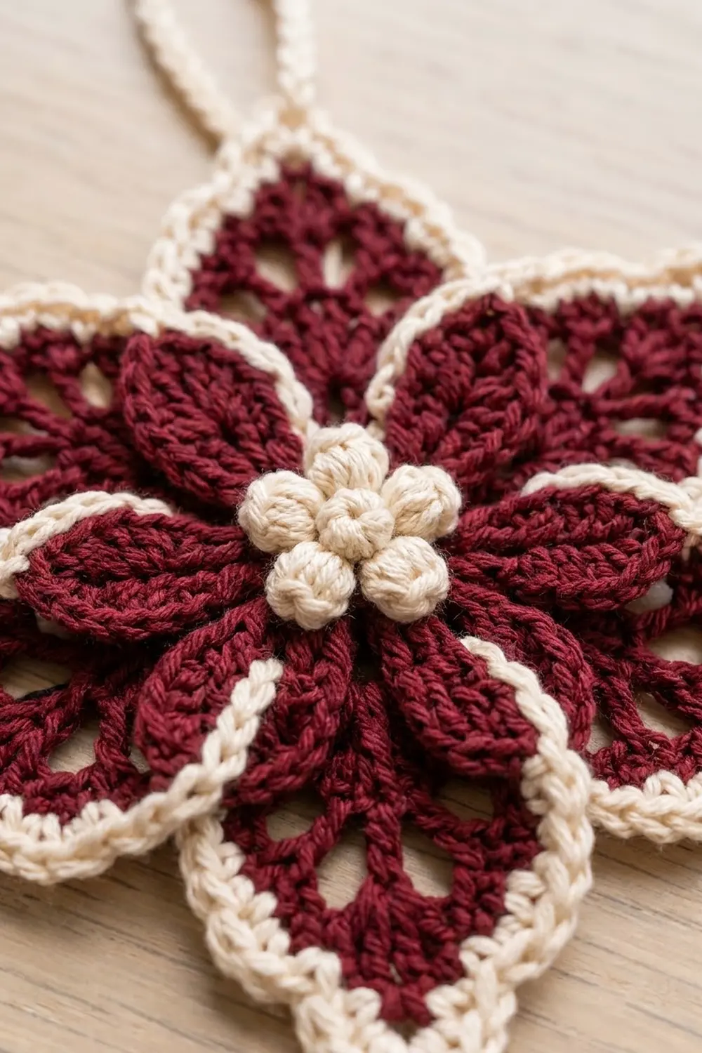 Deep burgundy crocheted flowers with cream bobble centers and openwork details on neutral background.
