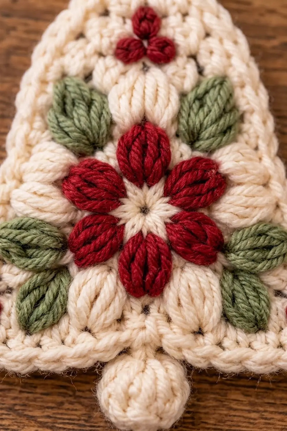 Embroidered red flowers with green leaves on cream-colored crocheted fabric with textured yarn stitching.