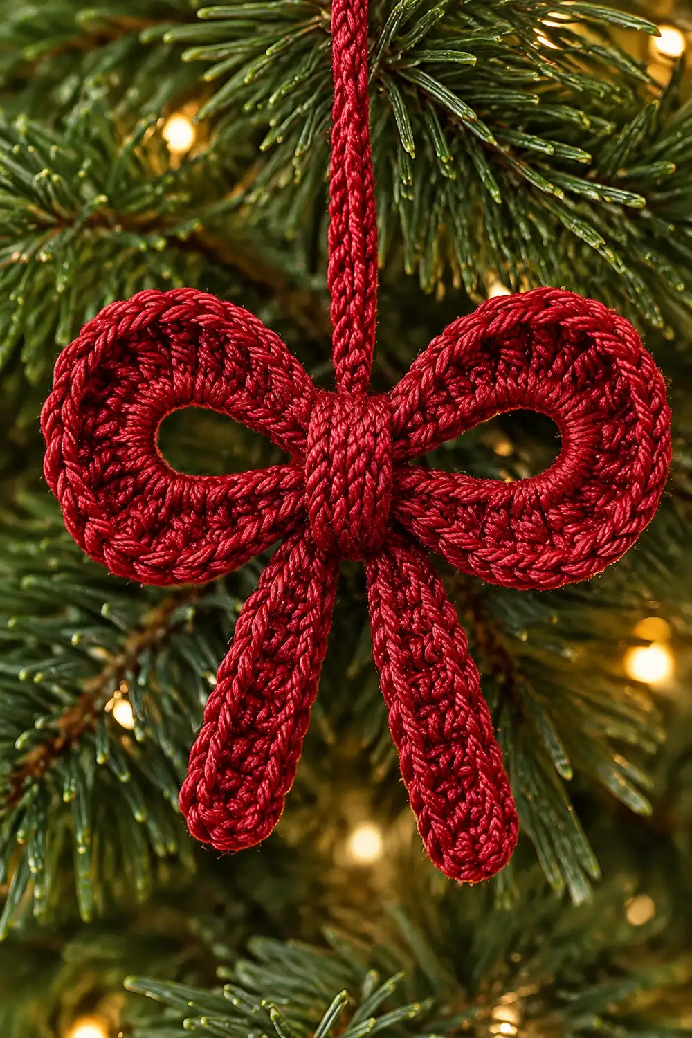 A red knitted bow ornament hangs from evergreen branches with warm glowing lights in the background.
