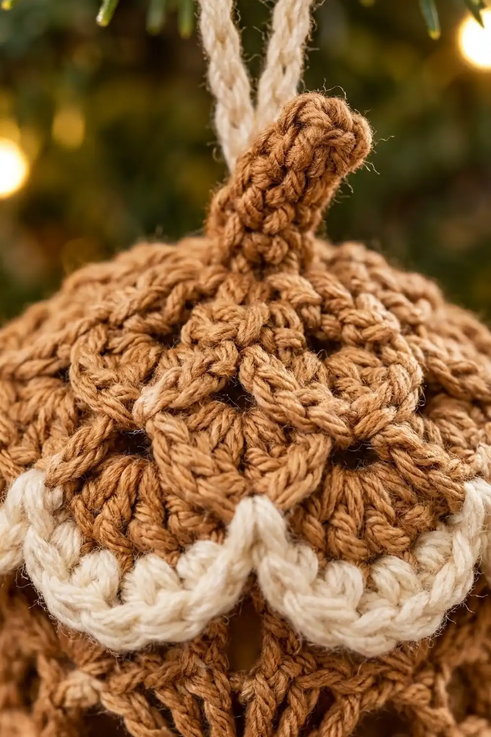 Tan crocheted ornament with white rope hanging loop and detailed textured stitching, set against soft green bokeh.