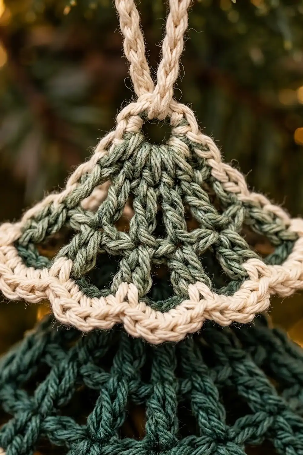 Close-up of a crocheted green ornament with cream skull design and braided rope handle.