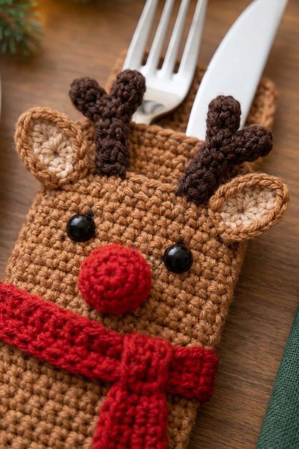 Tan crocheted reindeer with black eyes, red nose, dark antlers, and red scarf sits on wooden table beside fork.