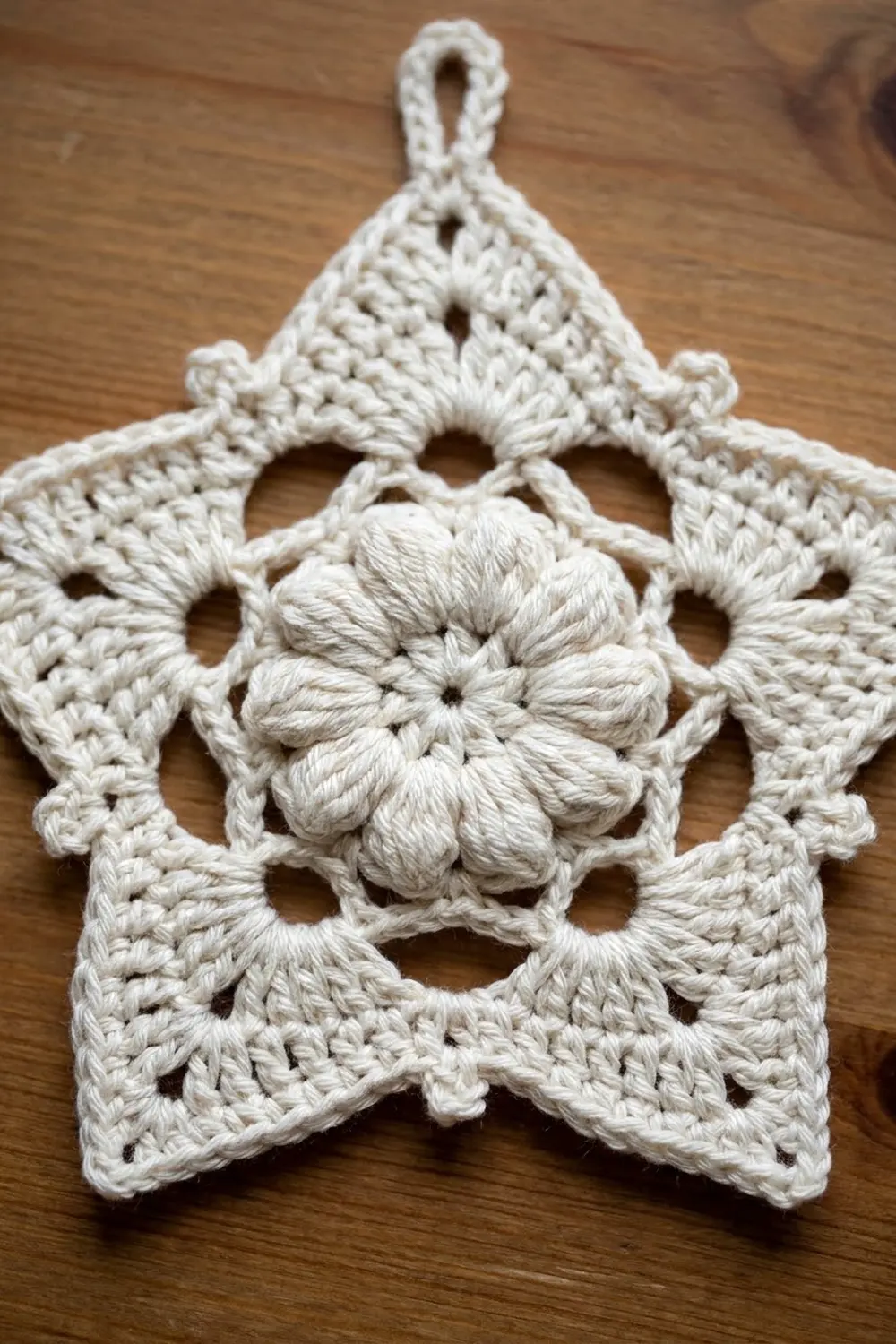 Cream crocheted star with dimensional flower center and openwork lace detail on wood.