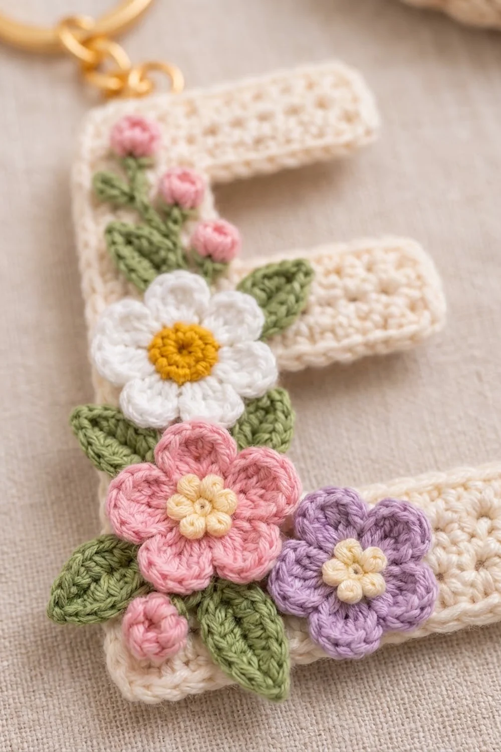 Cream crocheted bookmark detailed with tiny colorful flowers in pink, white, and purple with green leaves and gold attachment.