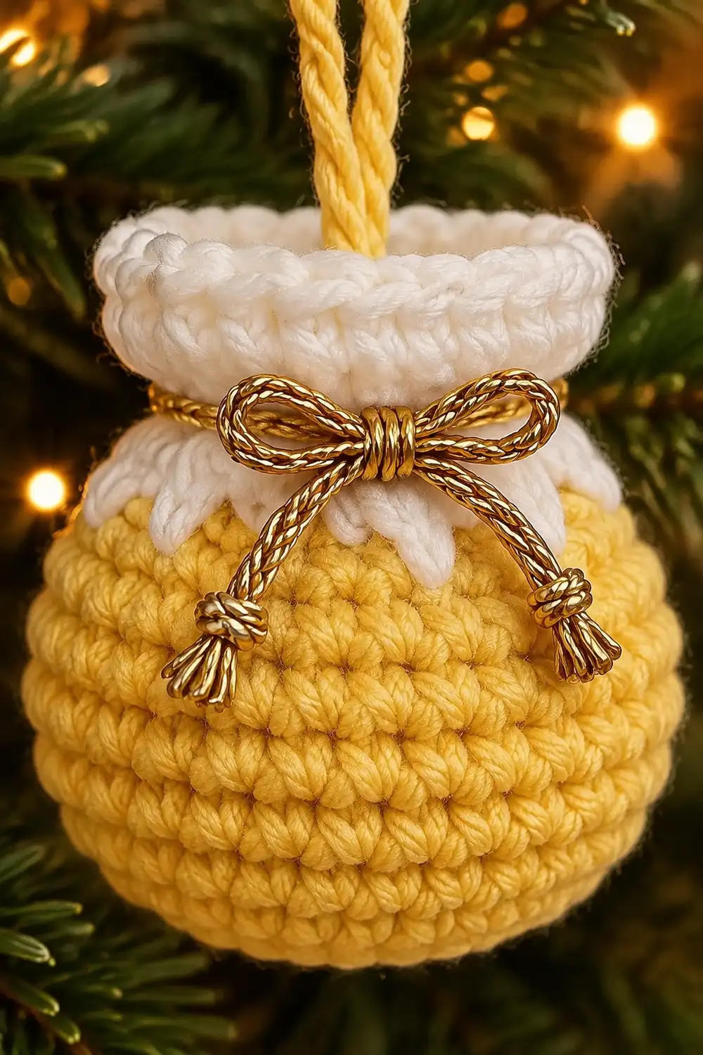 A yellow crocheted pouch ornament with white fluffy trim and gold bow hanging from a Christmas tree.