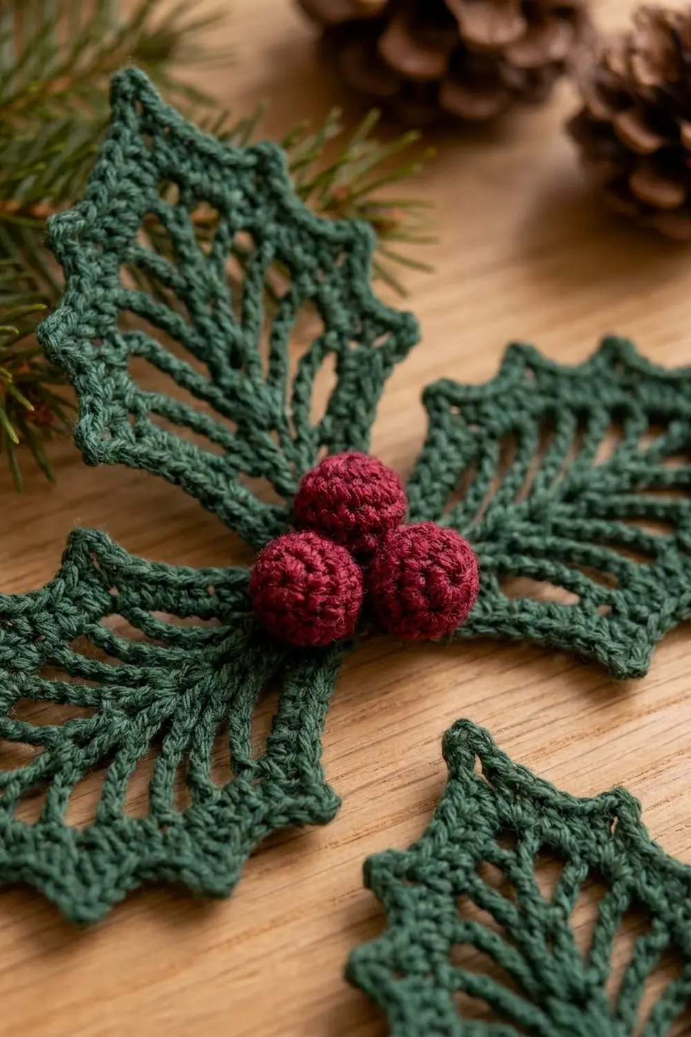Crocheted sage-green holly leaves cluster around three deep-red berry ornaments on a wooden surface.