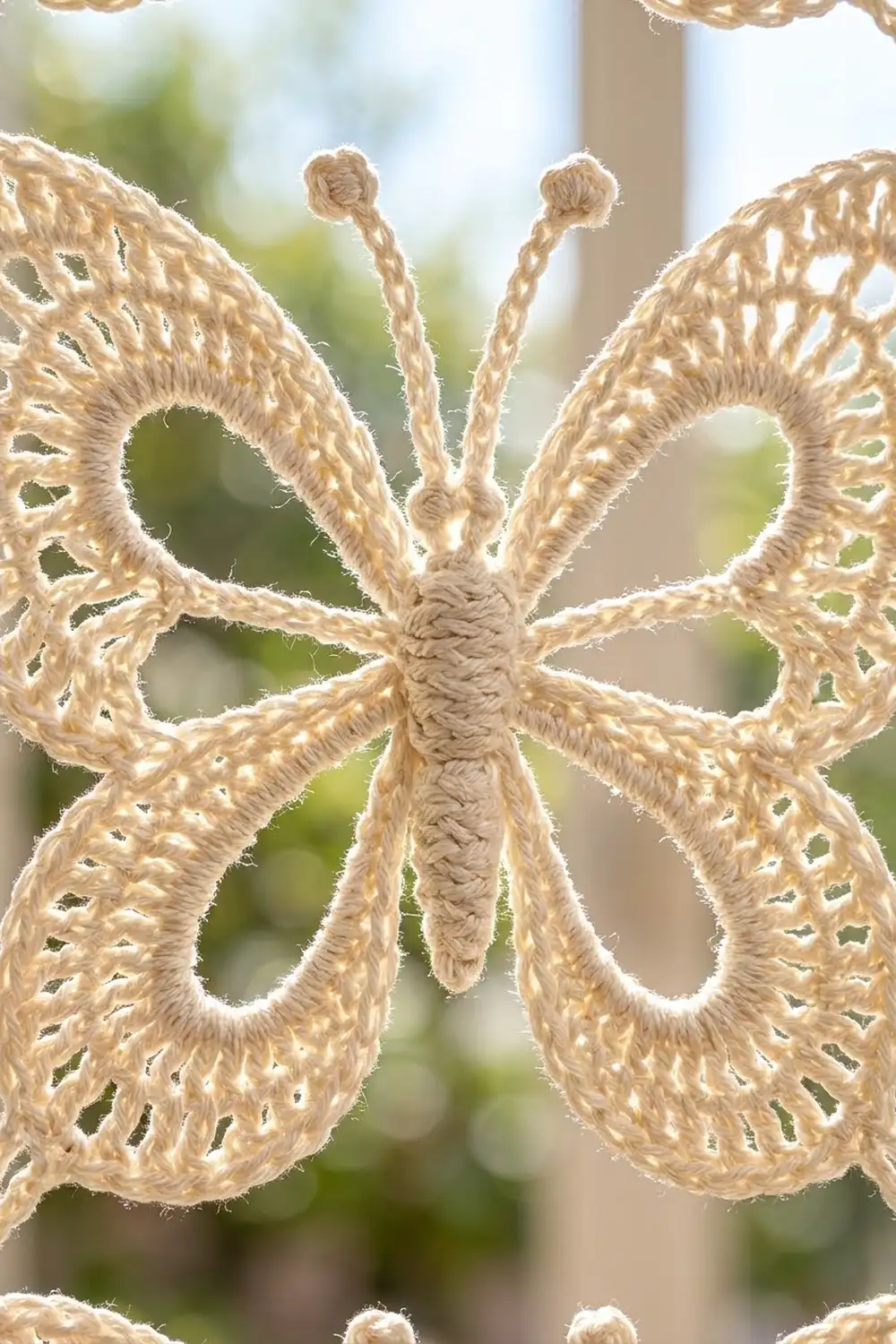 Crocheted cream-colored butterfly ornament with delicate lace-patterned wings and beaded antennae, set against a softly blurred outdoor background.