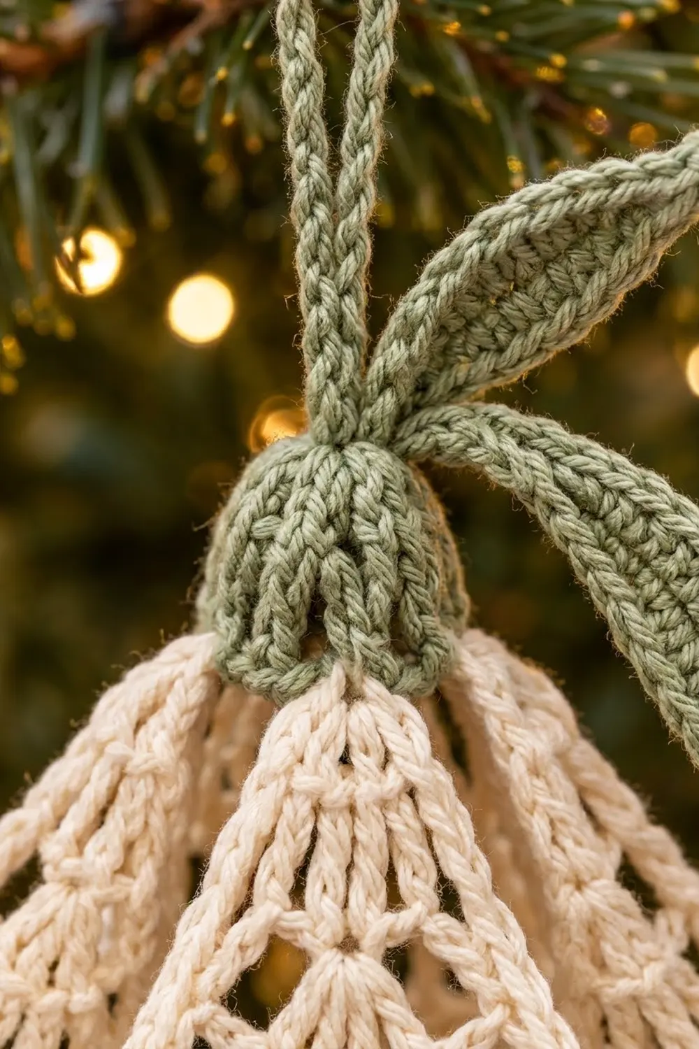 Cream-colored crocheted bell ornament with green braided cord loop against warm bokeh lights in background.