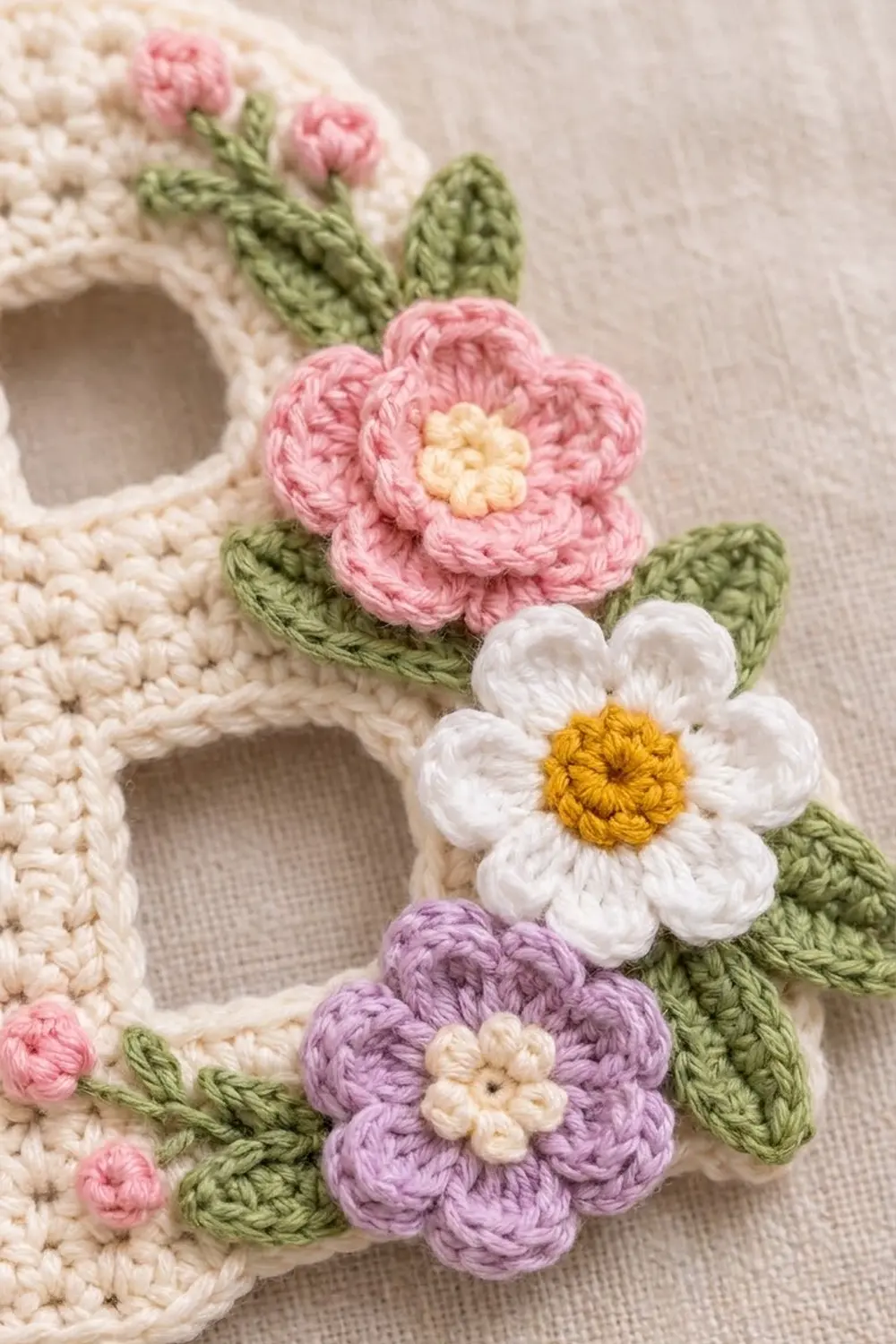 Pastel crocheted flowers in pink, purple, and white with yellow centers and green leaves on creamy woven fabric.