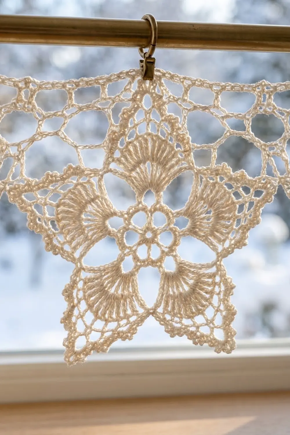 Delicate cream-colored crocheted star ornament hanging from a brass rod against a snowy window.