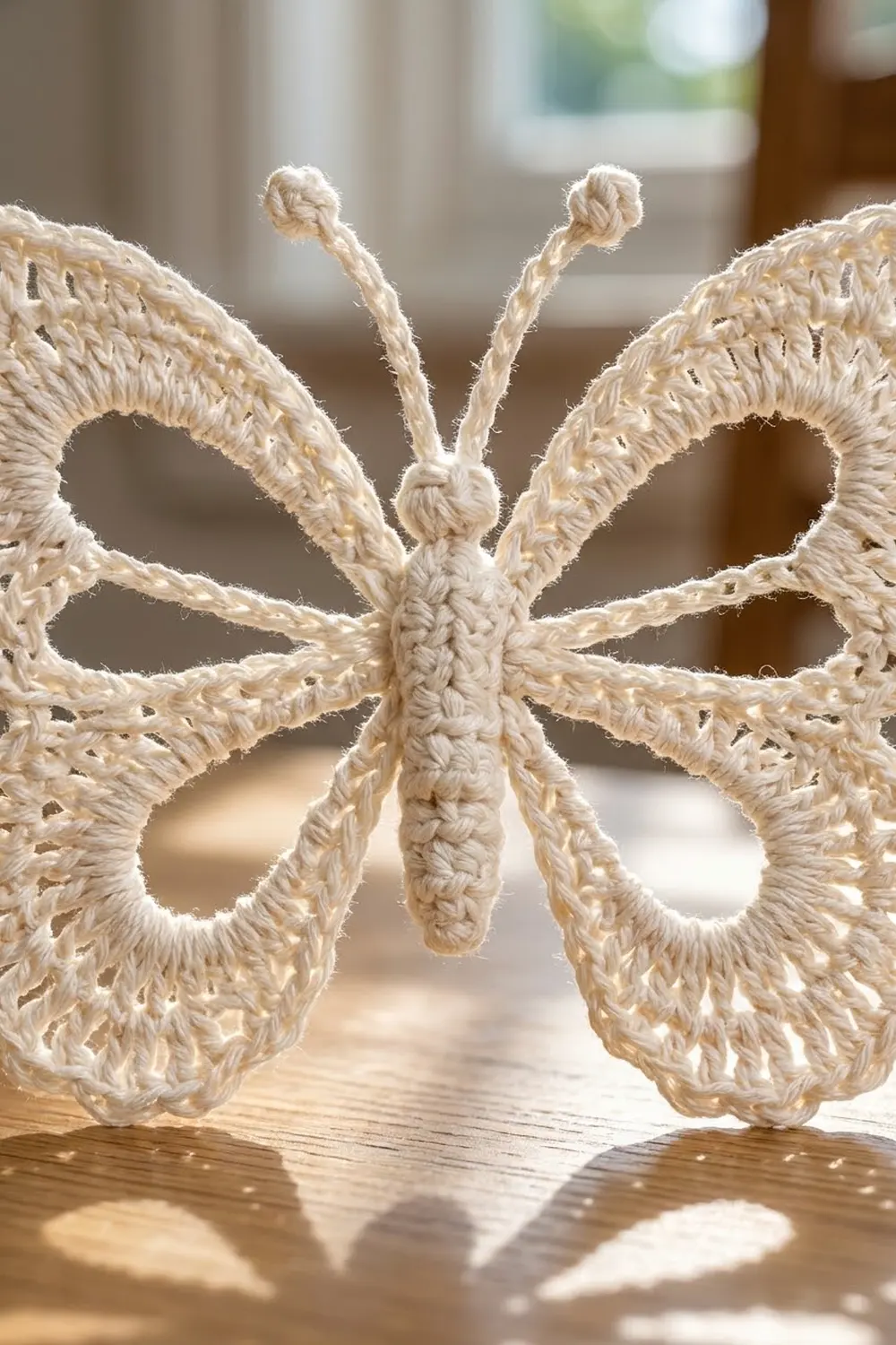 Cream crocheted butterfly with textured lace wings and fuzzy antennae rests on natural wood near sunlit windows.