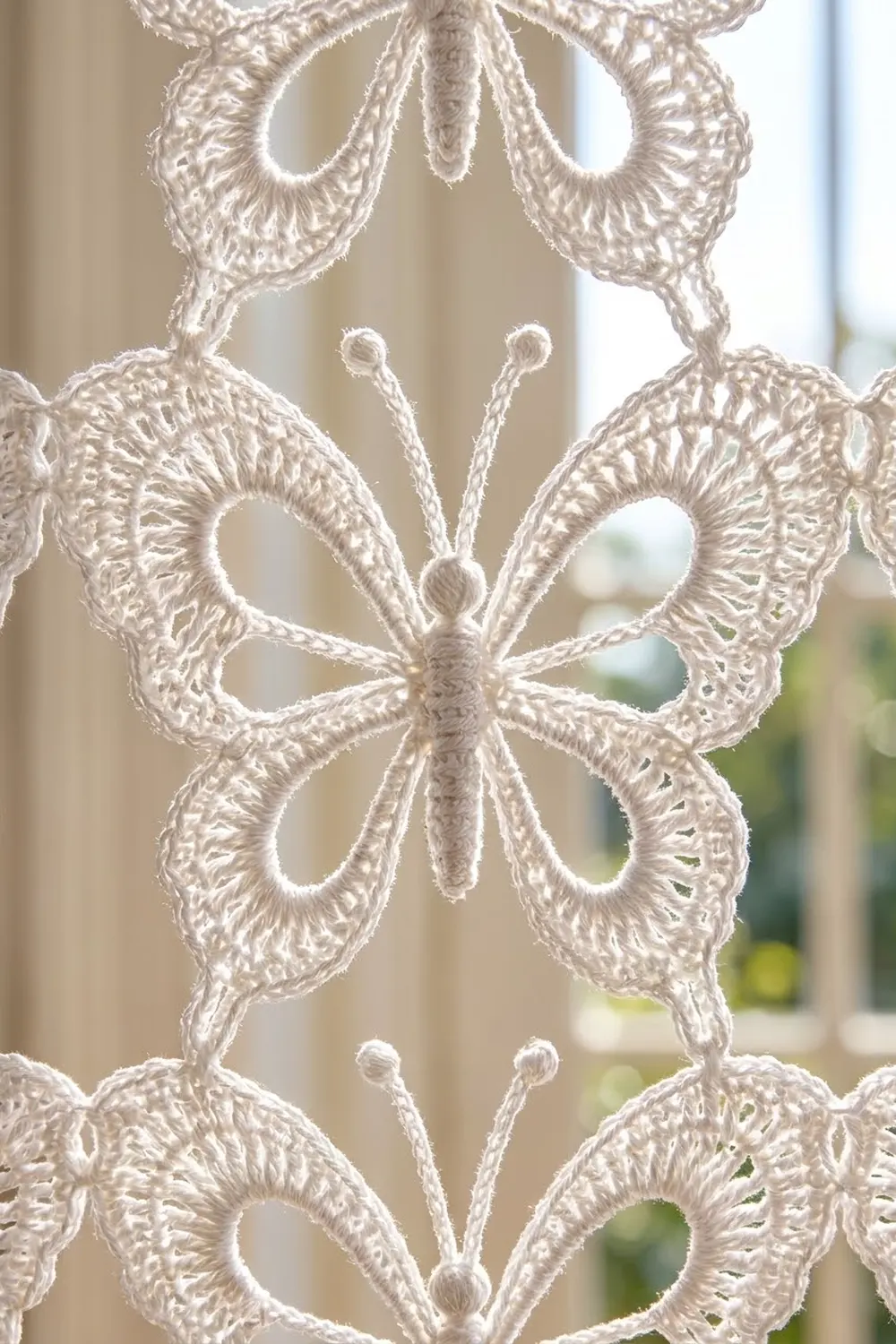 Delicate cream crochet lace with ornate scalloped motifs and openwork details, backlit by soft window light.