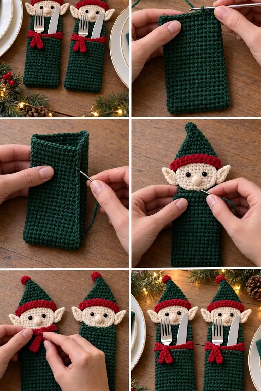 Crocheted elf utensil holders in green and cream with red details, shown in construction steps on a wooden surface.