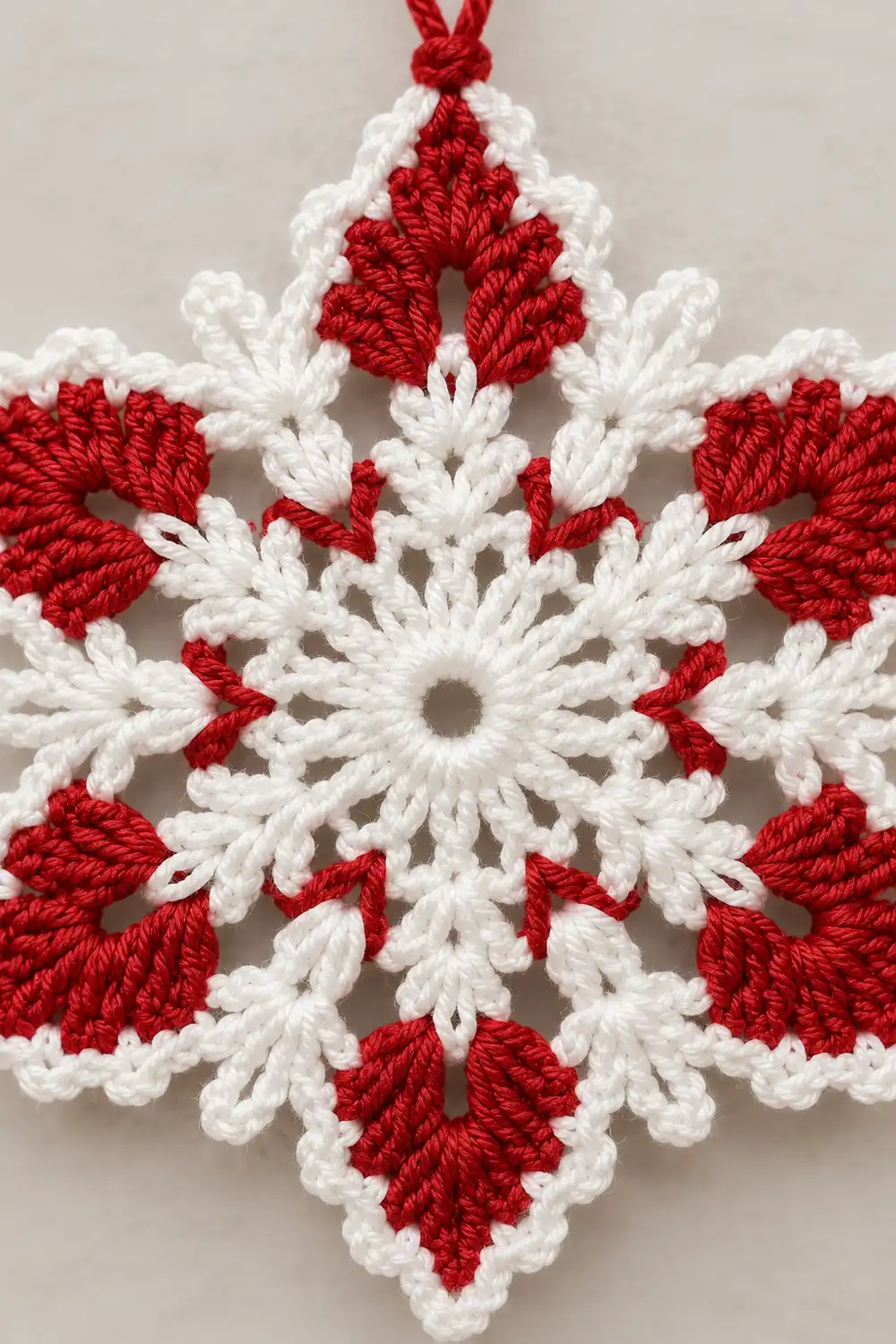 A red and white crocheted snowflake ornament with six points displayed against a neutral background.