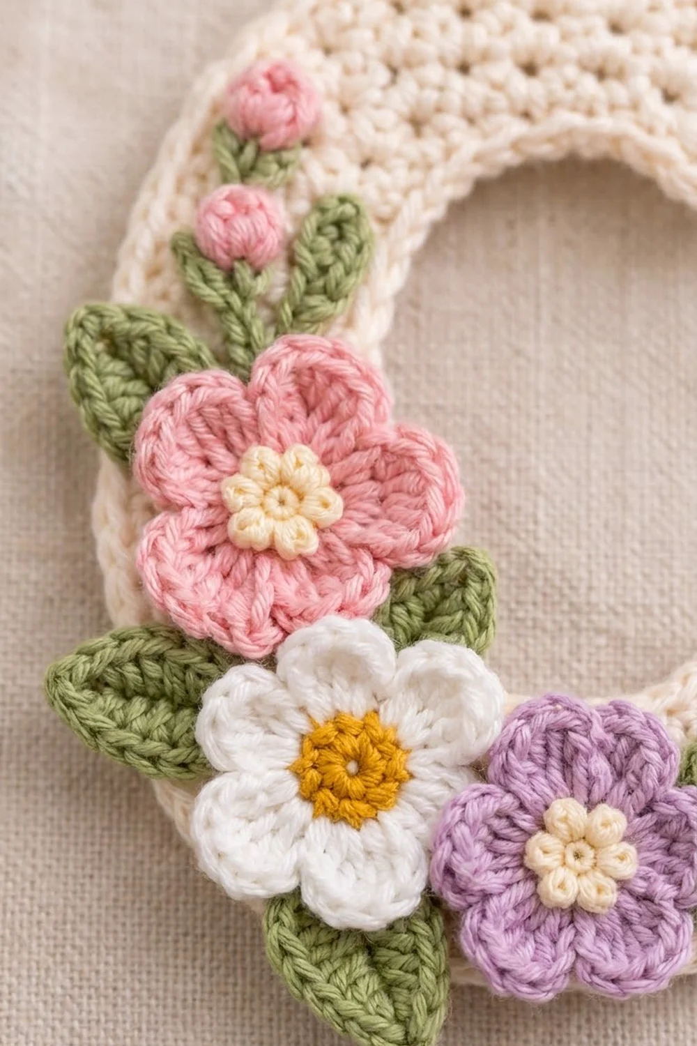 Delicate crocheted flowers in pink, white, and purple with golden centers bloom on a cream pouch against neutral linen.