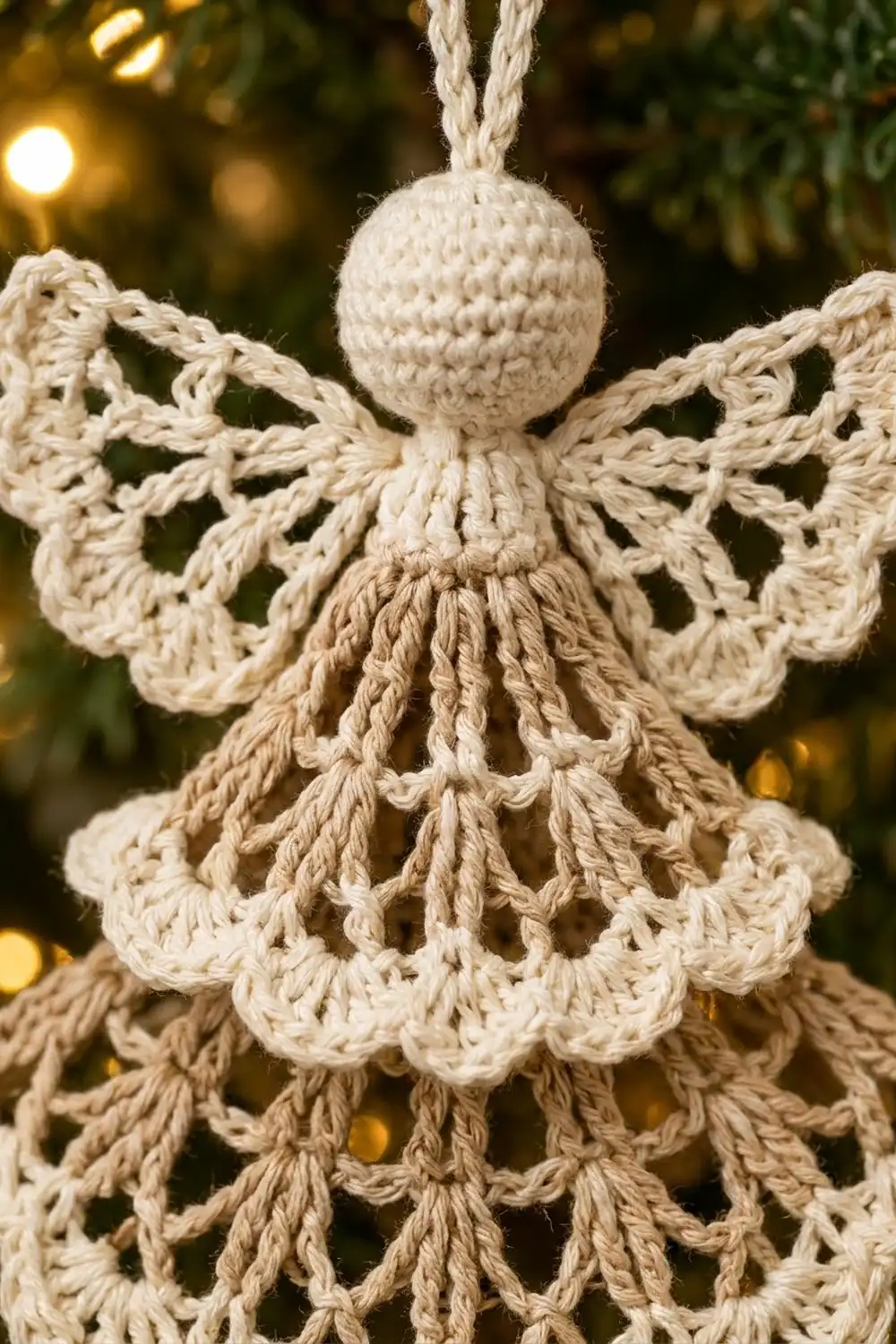 Handmade cream-colored crocheted angel ornament with delicate lacy wings and yarn fringe against festive greenery and warm bokeh lights.