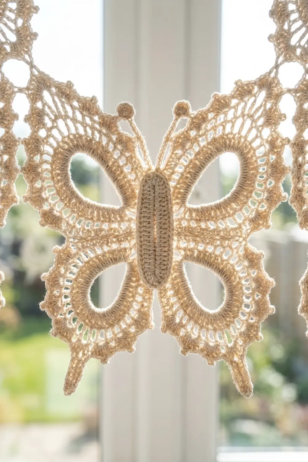 Delicate cream crocheted butterfly with openwork lace wings and pearl beads, backlit against a blurred garden window.