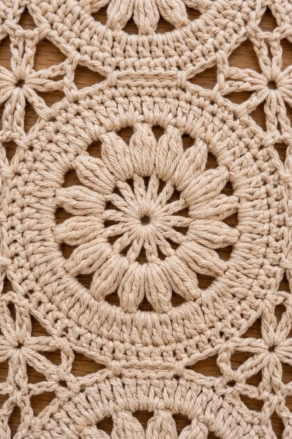 Close-up of cream-colored crochet with repeating flower motifs and open lacework against wood background.