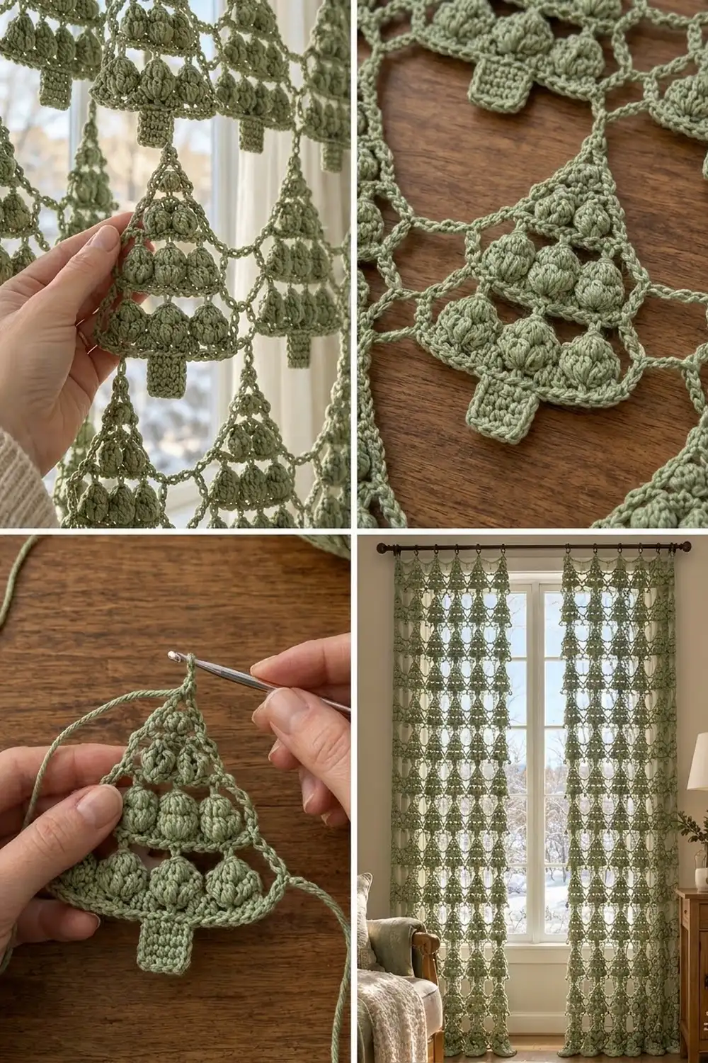 Sage green crochet tree ornaments with popcorn stitch detailing, shown as both individual motifs and a complete hanging garland.