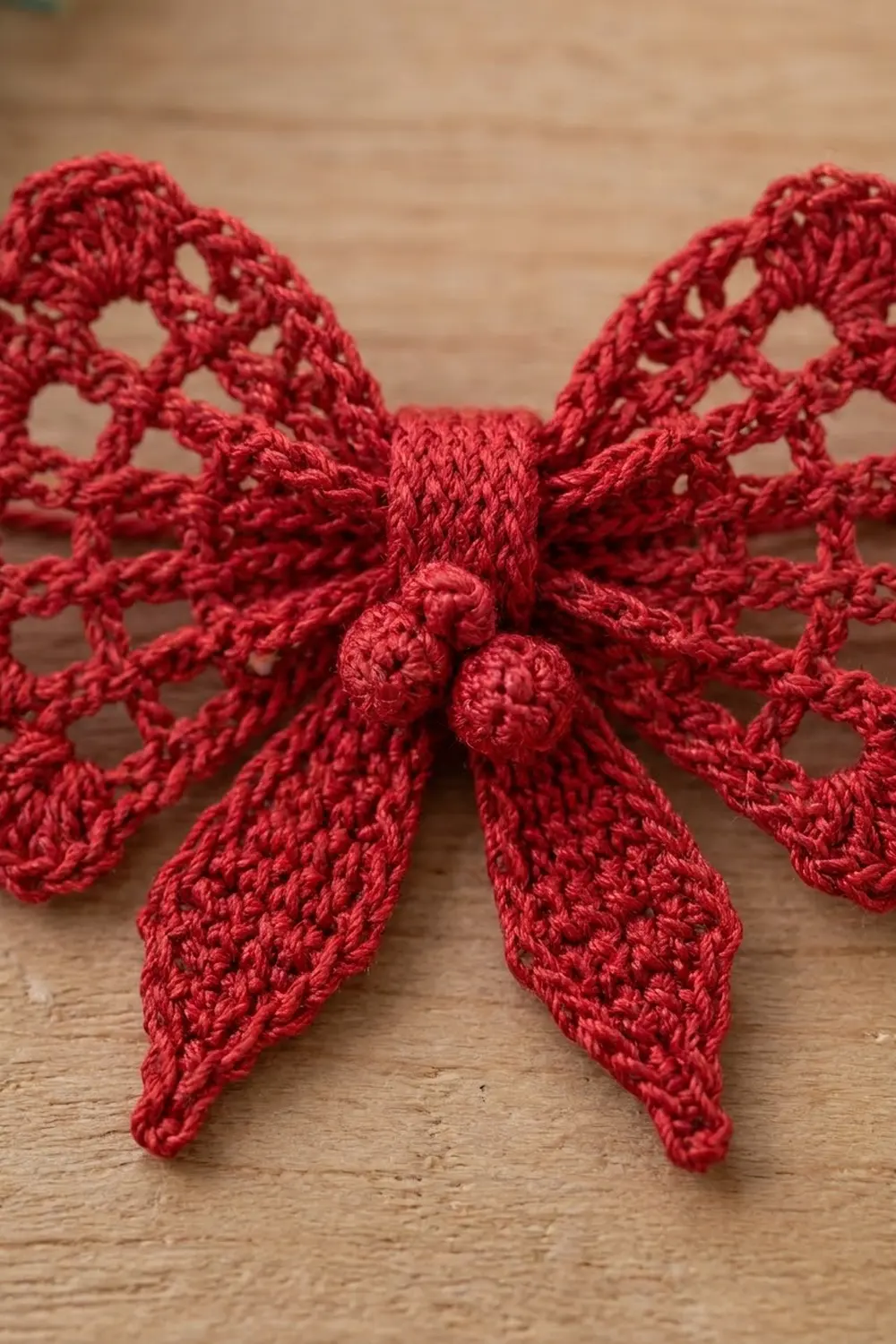 Bright red crocheted lace bow with open lacework petals and decorative pom-poms in center on wooden surface.