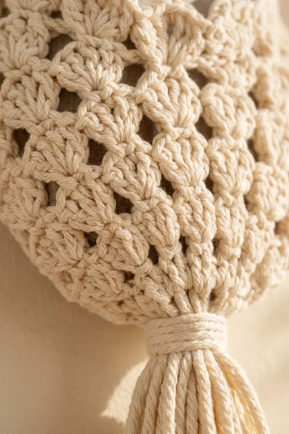 Close-up of handmade cream yarn crochet with textured loopy stitches and a yarn-wrapped gathered section.