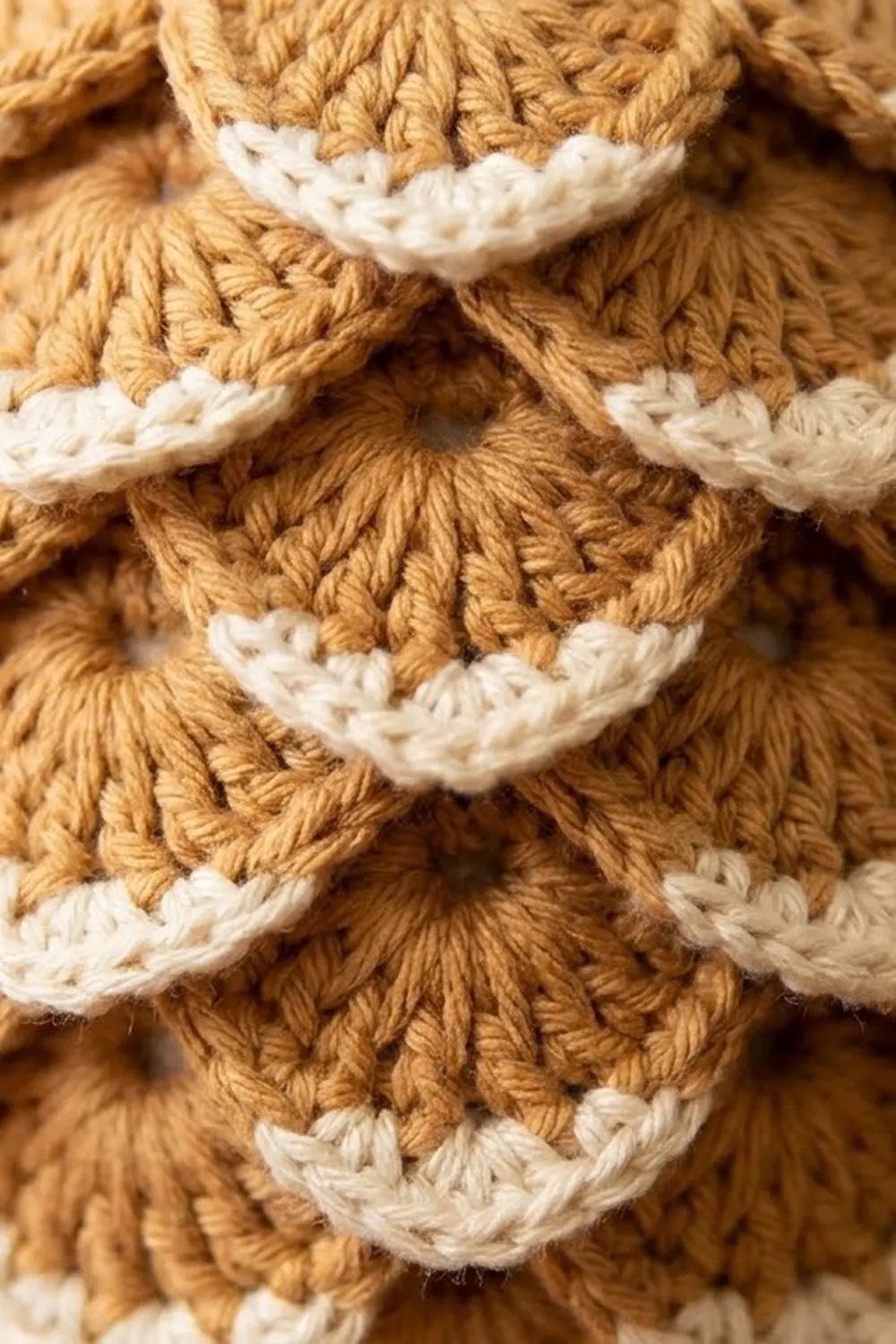 Close-up of alternating tan and cream crochet shell stitch pattern with textured yarn detail.