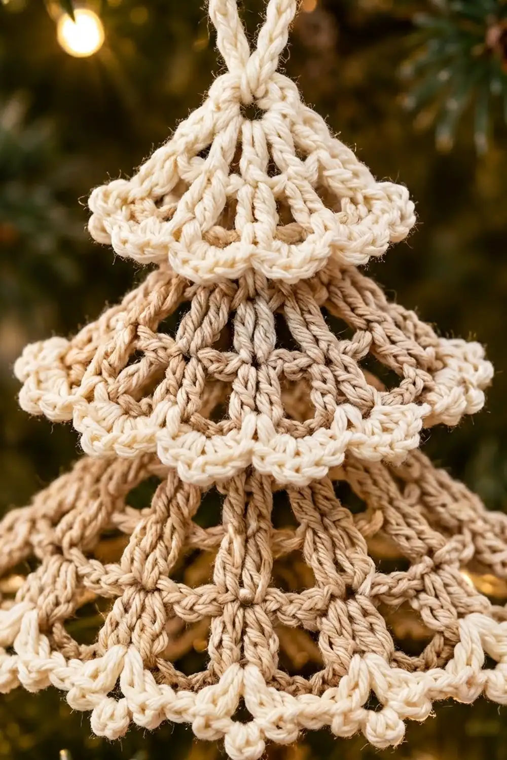 Crocheted rope Christmas tree ornament in cream and natural tan with delicate scalloped layers and warm bokeh background.