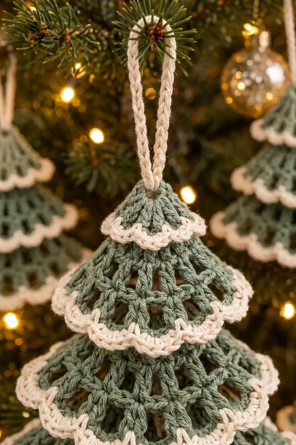 Handmade crocheted Christmas tree ornament in sage green and cream, hanging amid pine branches and warm lights.