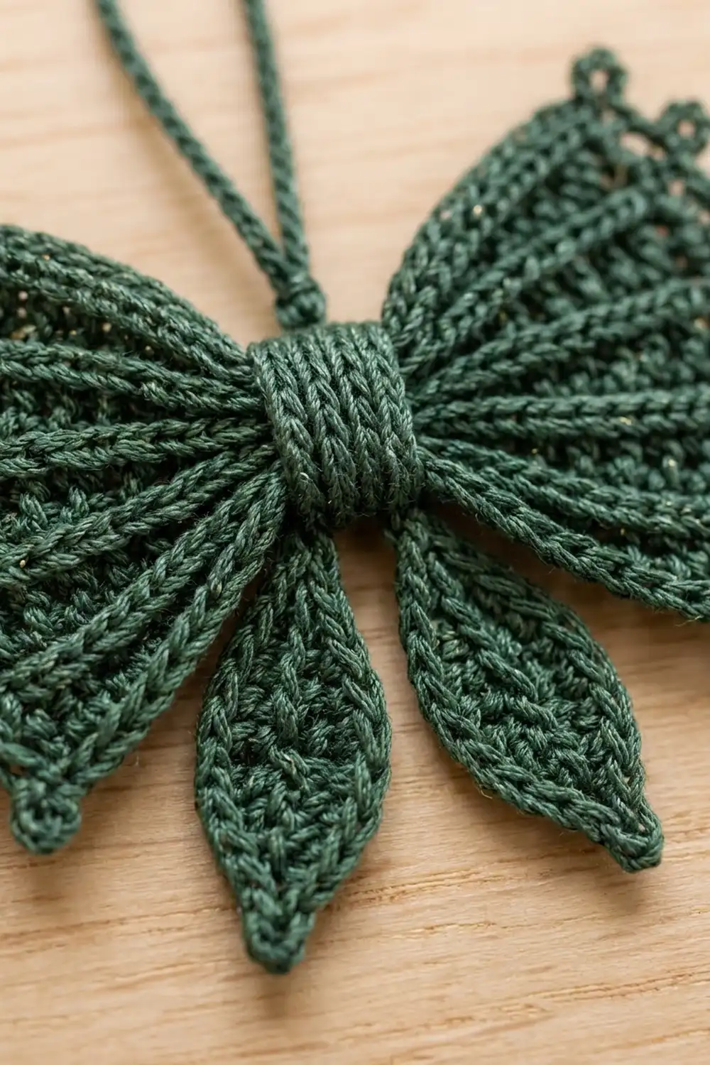 A dark sage green crocheted butterfly ornament with detailed leafy wings and antennae on a light wooden surface.