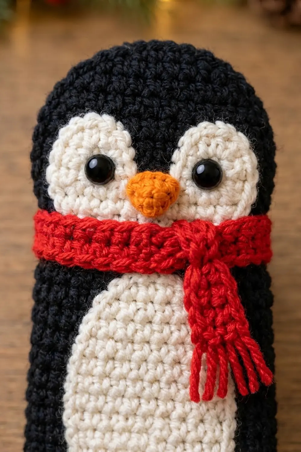 Crocheted black penguin with white face, orange beak, and red scarf against blurred warm brown background.