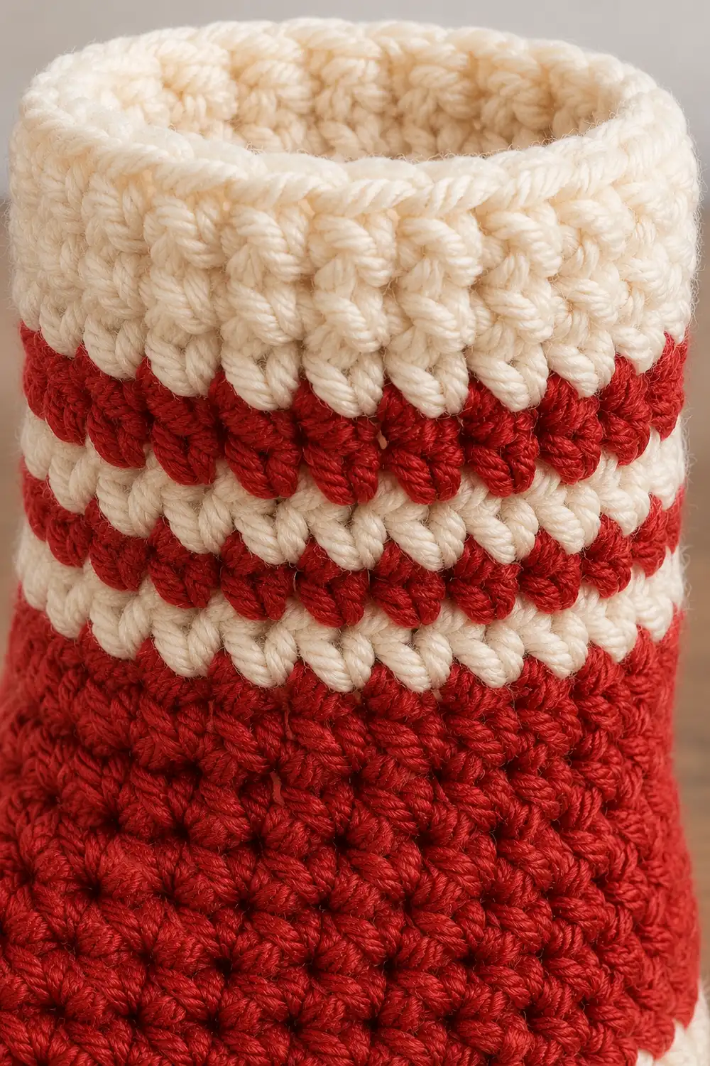 Close-up of a red and cream crocheted basket featuring alternating striped popcorn stitch texture.