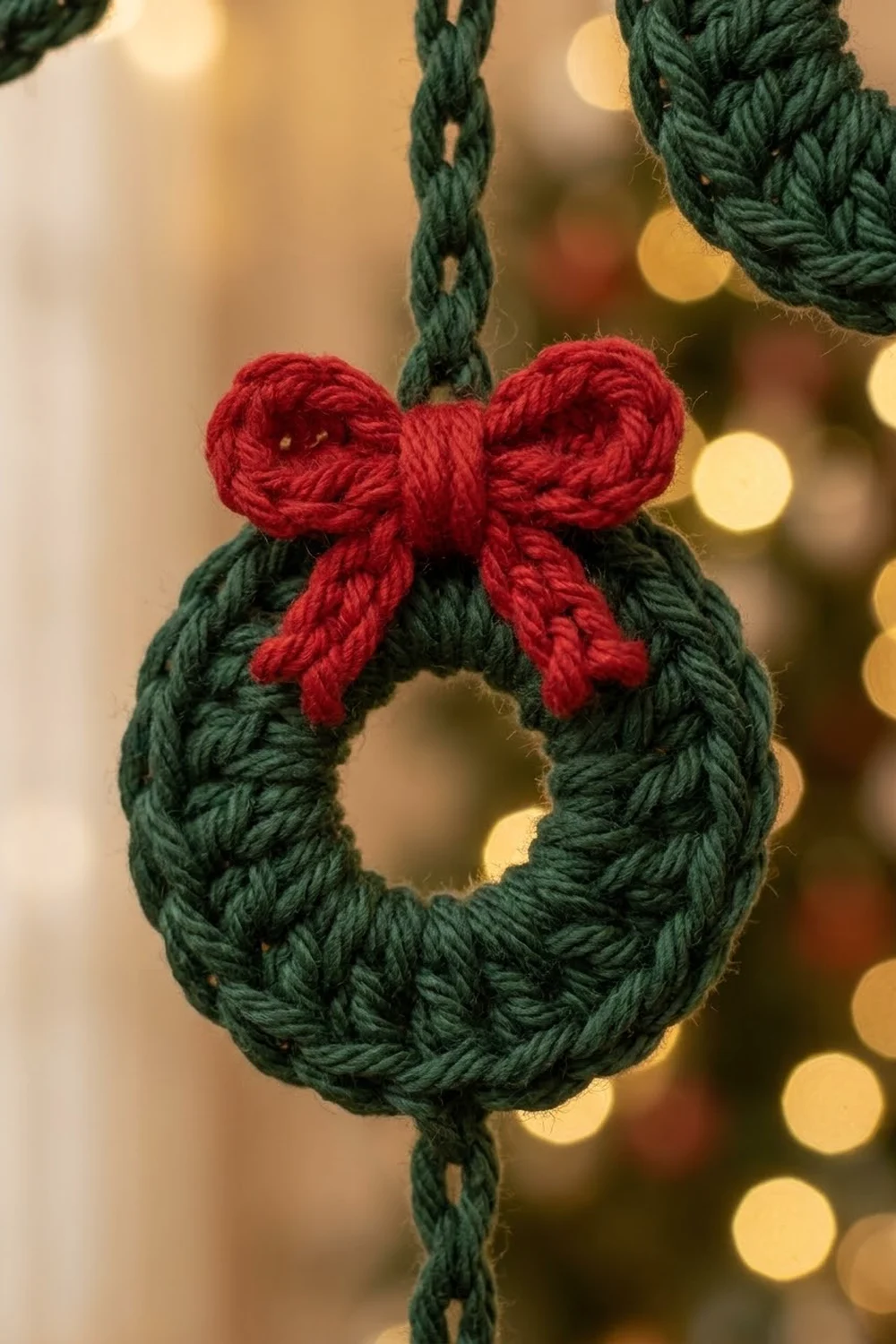 A handmade green rope wreath ornament with a red bow hanging against a blurred holiday background with warm lights.