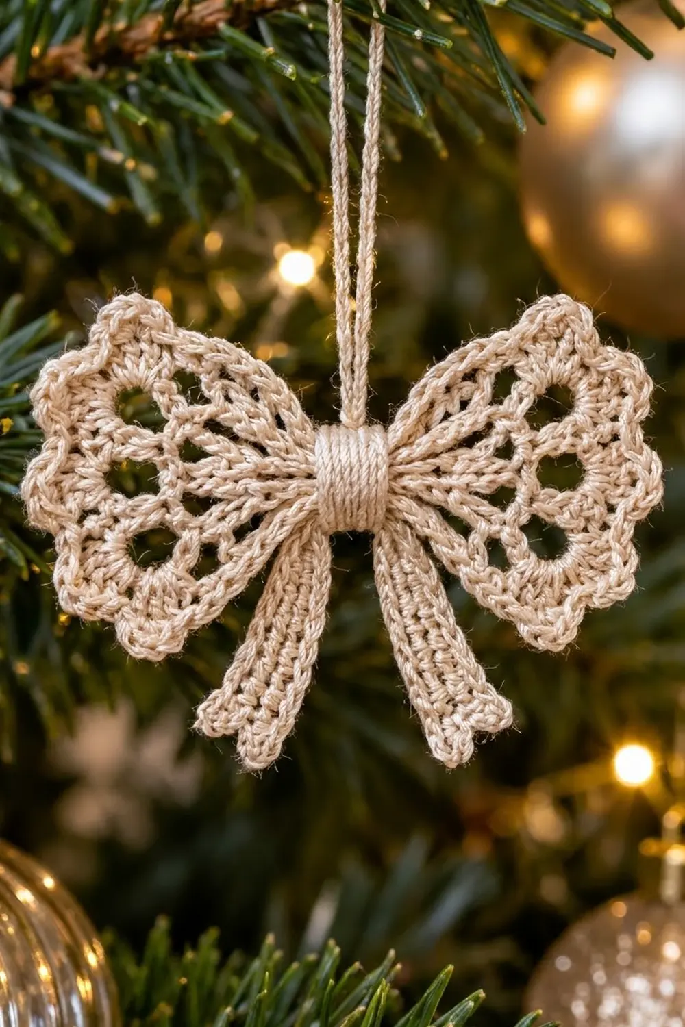 Crocheted beige lace bow ornament hung with twine among green evergreen branches and blurred golden holiday lights.