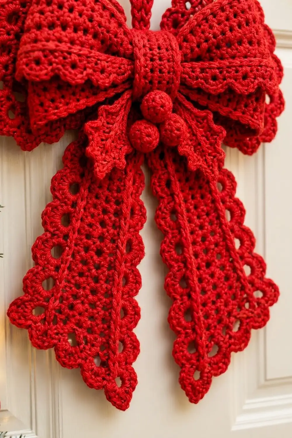 Handmade red crochet bow with intricate lace openwork and pompom embellishments on a white door.