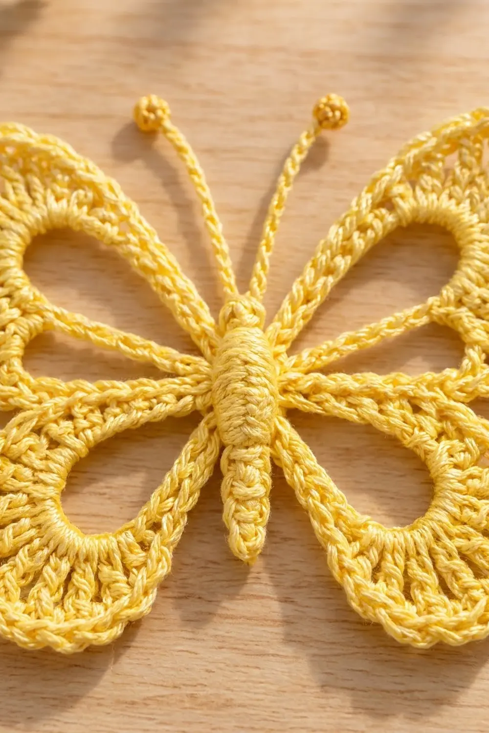 Mustard yellow crocheted butterfly with delicate openwork wings, twisted body, and beaded antennae on light wood.