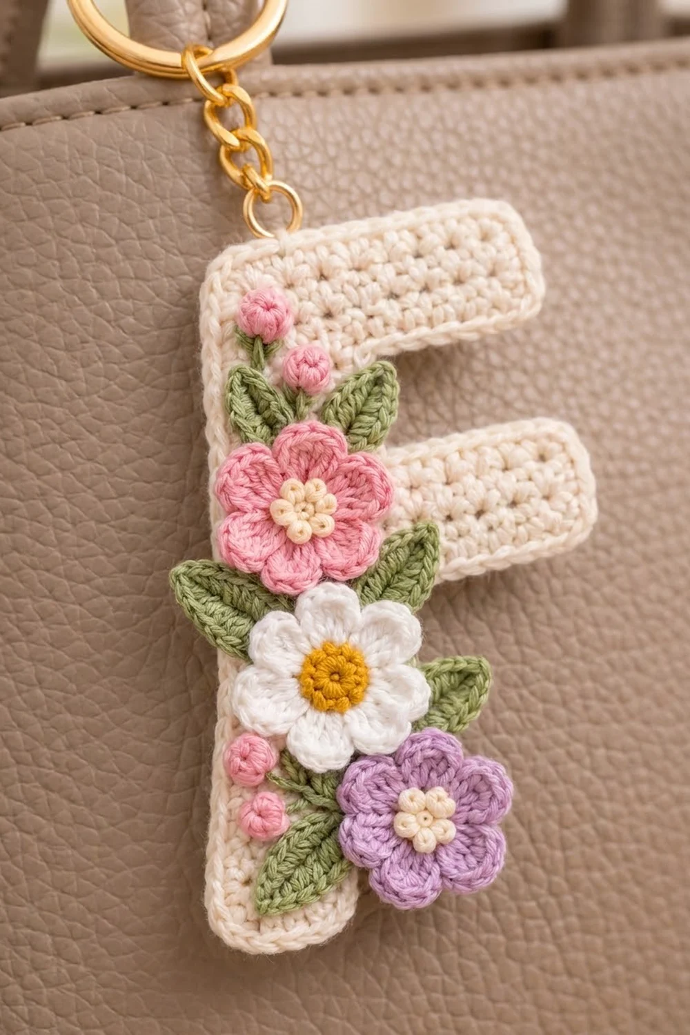 Crocheted letter E keychain with pink, white, and purple flowers, hanging from gold chain on beige leather bag.