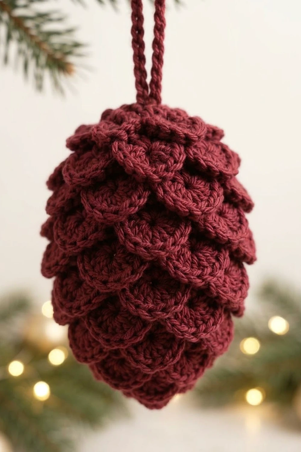 A burgundy crocheted pinecone ornament with twisted cord hangers hanging against a blurred festive background.
