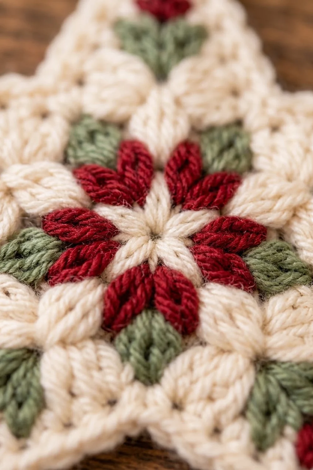 Crocheted red flower with cream center and green leaves on cream-colored fabric showing detailed stitch texture.