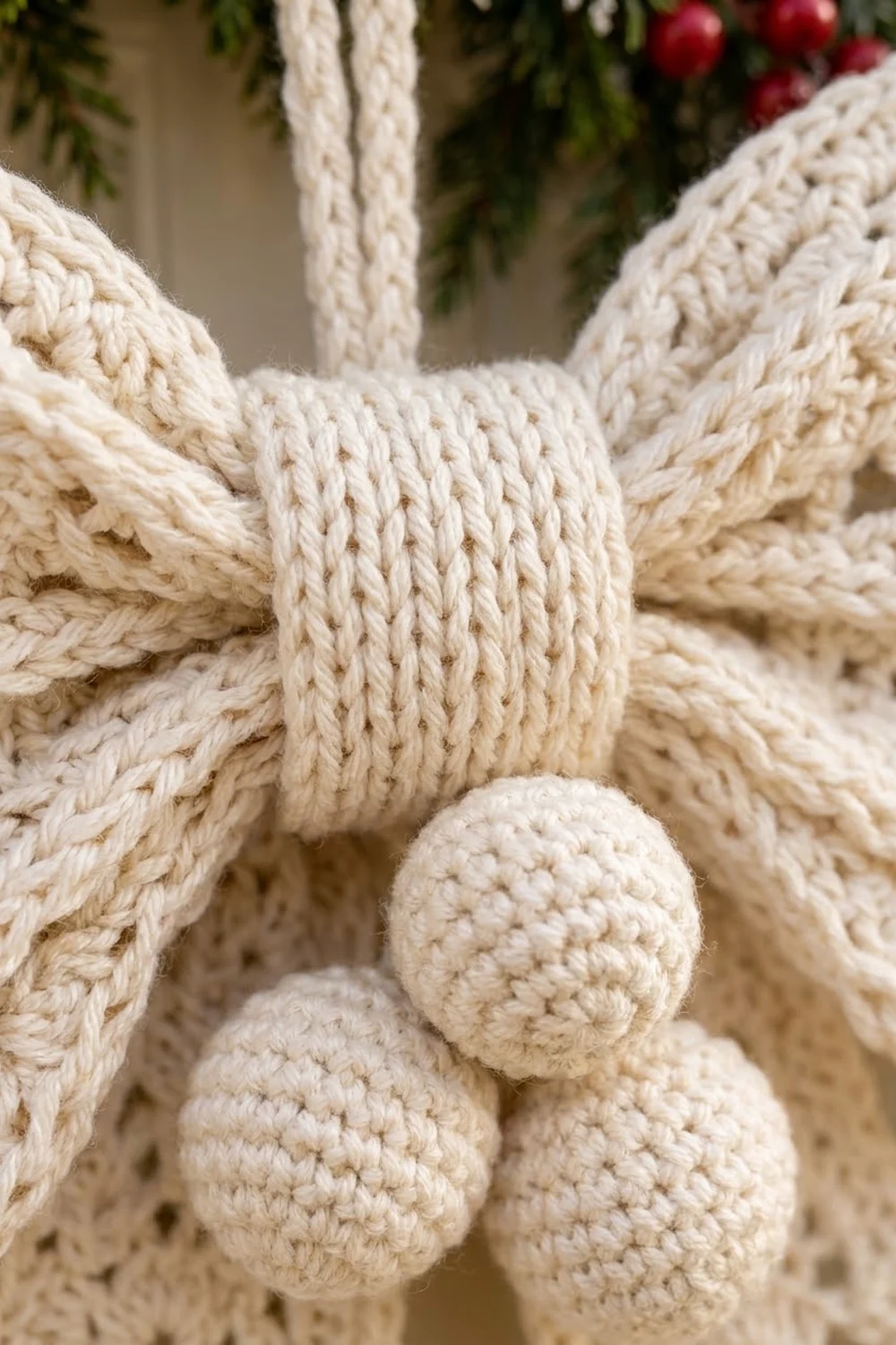 Handmade cream crocheted ornament with rope wrap and ball embellishments, surrounded by festive greenery and red berries.