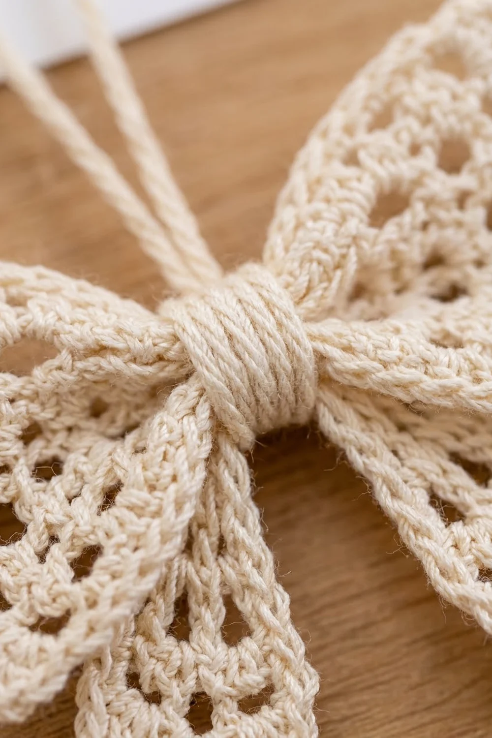 Close-up of cream-colored crocheted lace with a decorative knot detail against a warm wooden background.