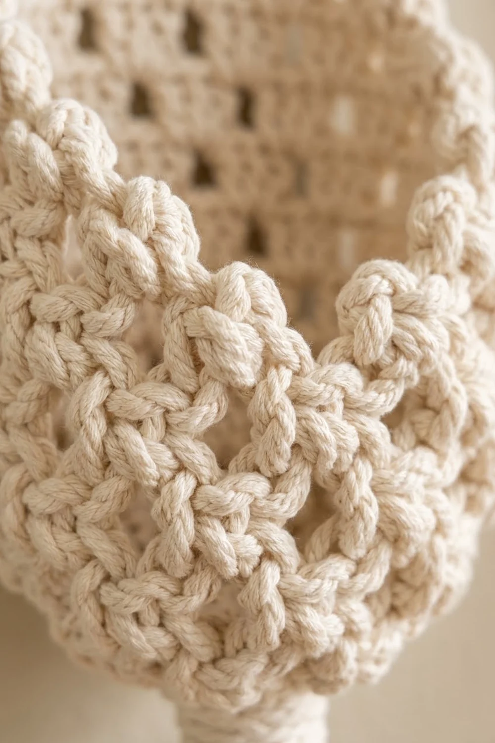 Detailed view of cream crocheted fabric featuring textured popcorn stitches with dimensional bobbles and natural shadows.