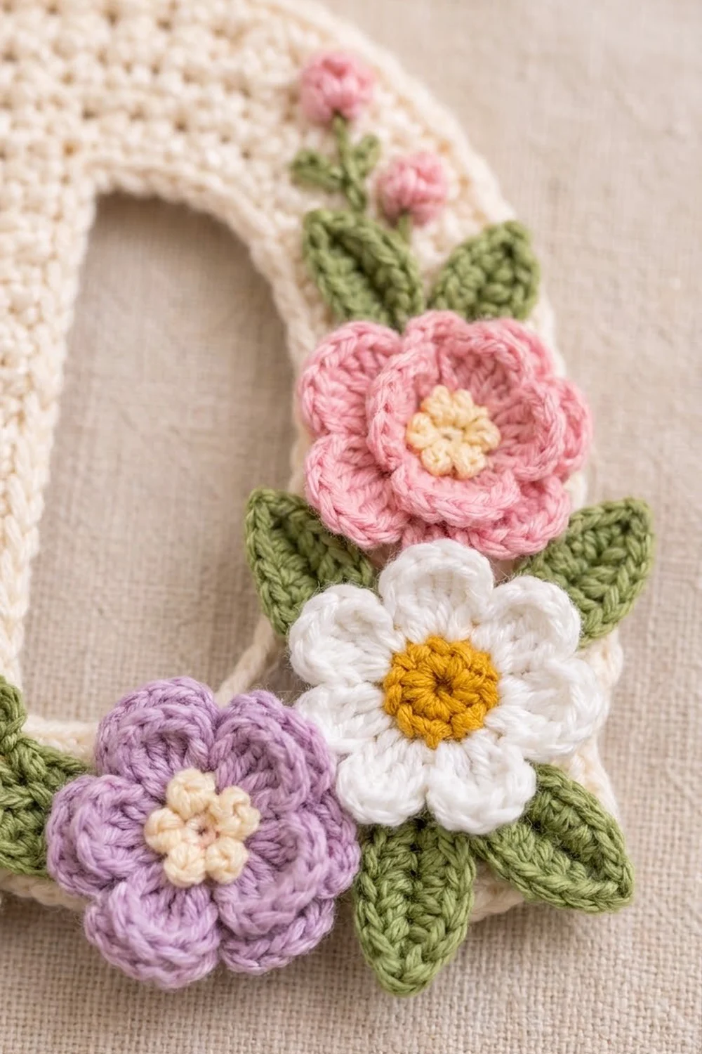 Crocheted pink, white, and purple flowers with green leaves and contrasting centers embellishing a cream-colored crocheted band.