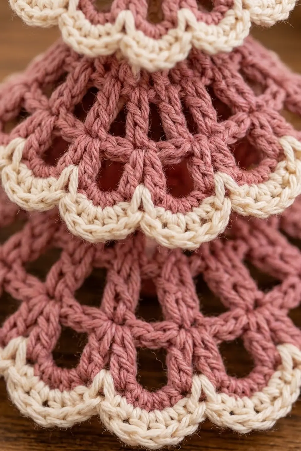 Close-up detail of crocheted doll dress in dusty rose with cream lace edging.